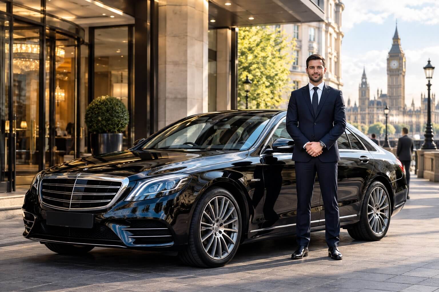 London luxury chauffeur with black Mercedes at grand hotel entrance